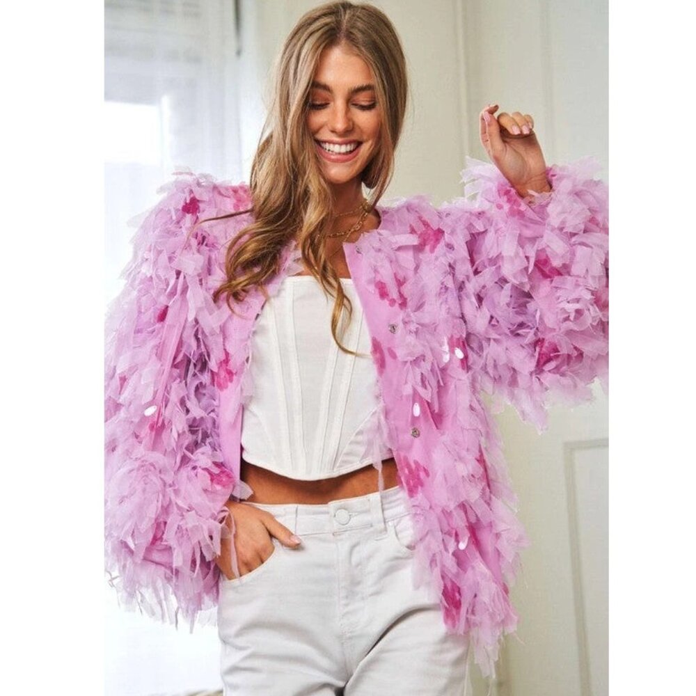 💥SHOWSTOPPER💥Jazzy 20's Flapper Style Fluffy Tiered Sequined Jacket in Pink - Picture 8 of 16